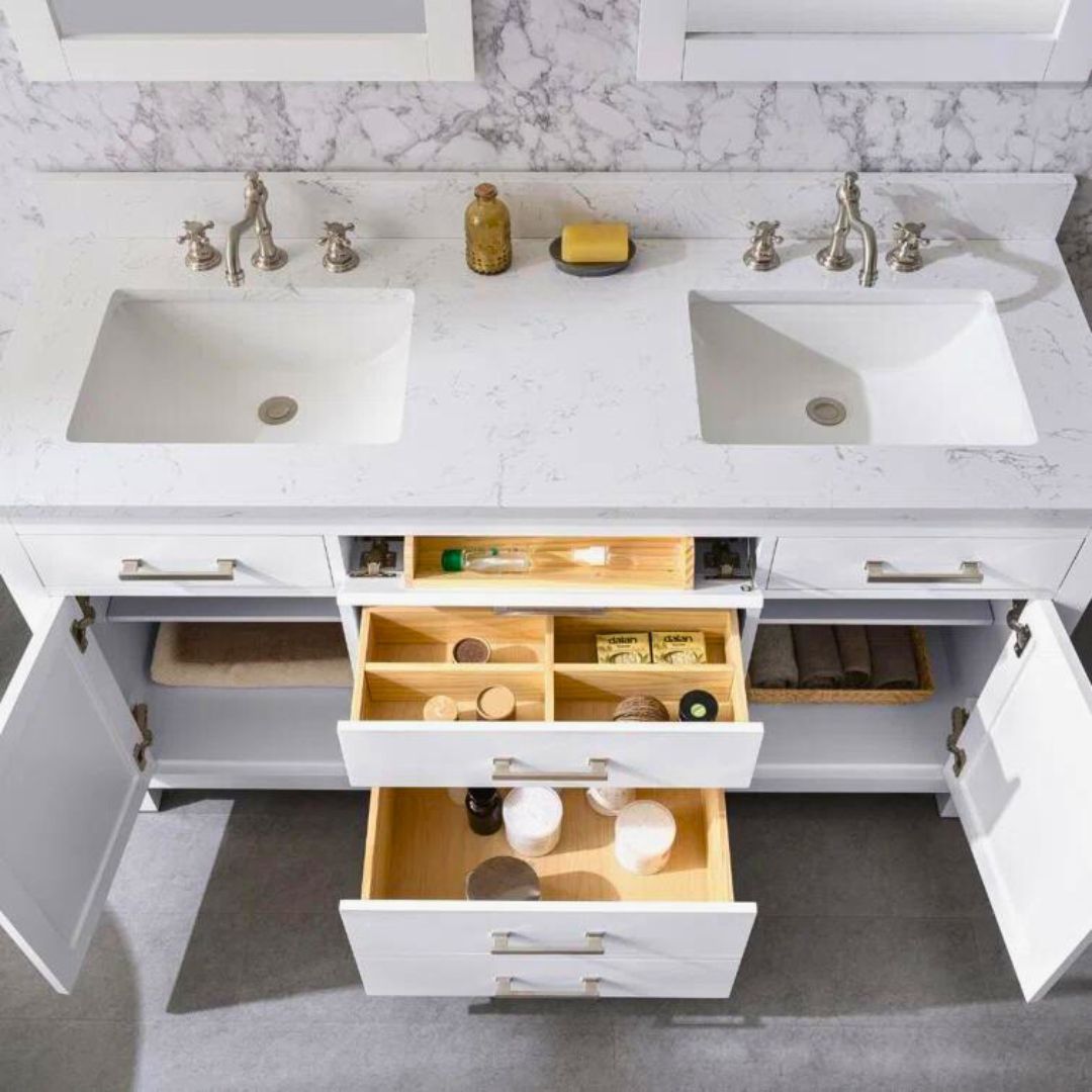 Tủ Lavabo JASPER-60D Trắng mặt đá thạch anh cao cấp 60 inch - Ảnh 3