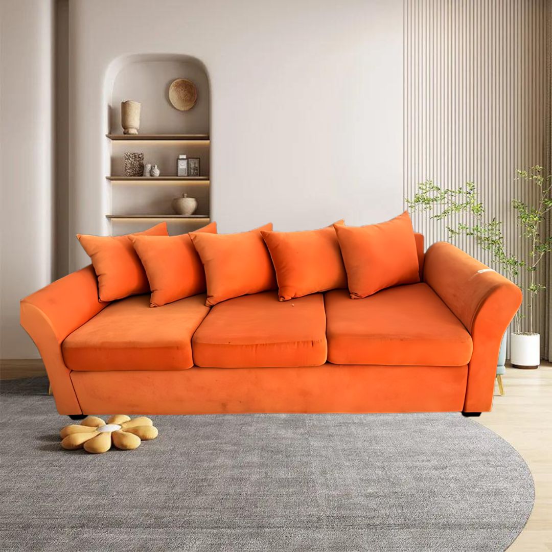 Ghế sofa 3 chỗ bằng vải màu da cam sang trọng