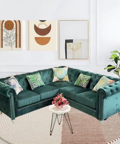 Ghế sofa góc, vải nhung mịn, màu xanh sang trọng
