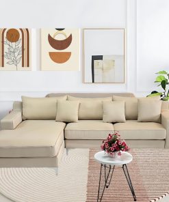 Ghế sofa chữ L, vải bố, màu kem cao cấp