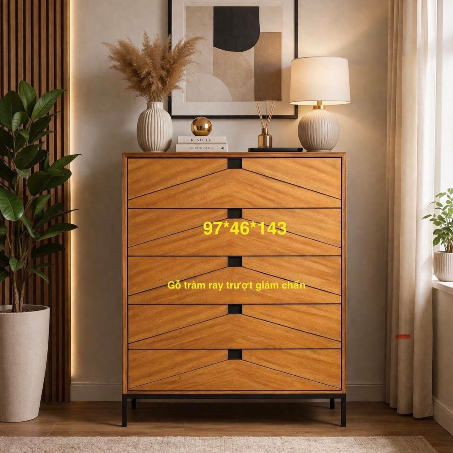 Tủ Trang Trí 5 Hộc Kéo Gỗ Tràm – Thiết Kế Đứng Hiện Đại & Họa Tiết Chevron Sang Trọng - Ảnh 4