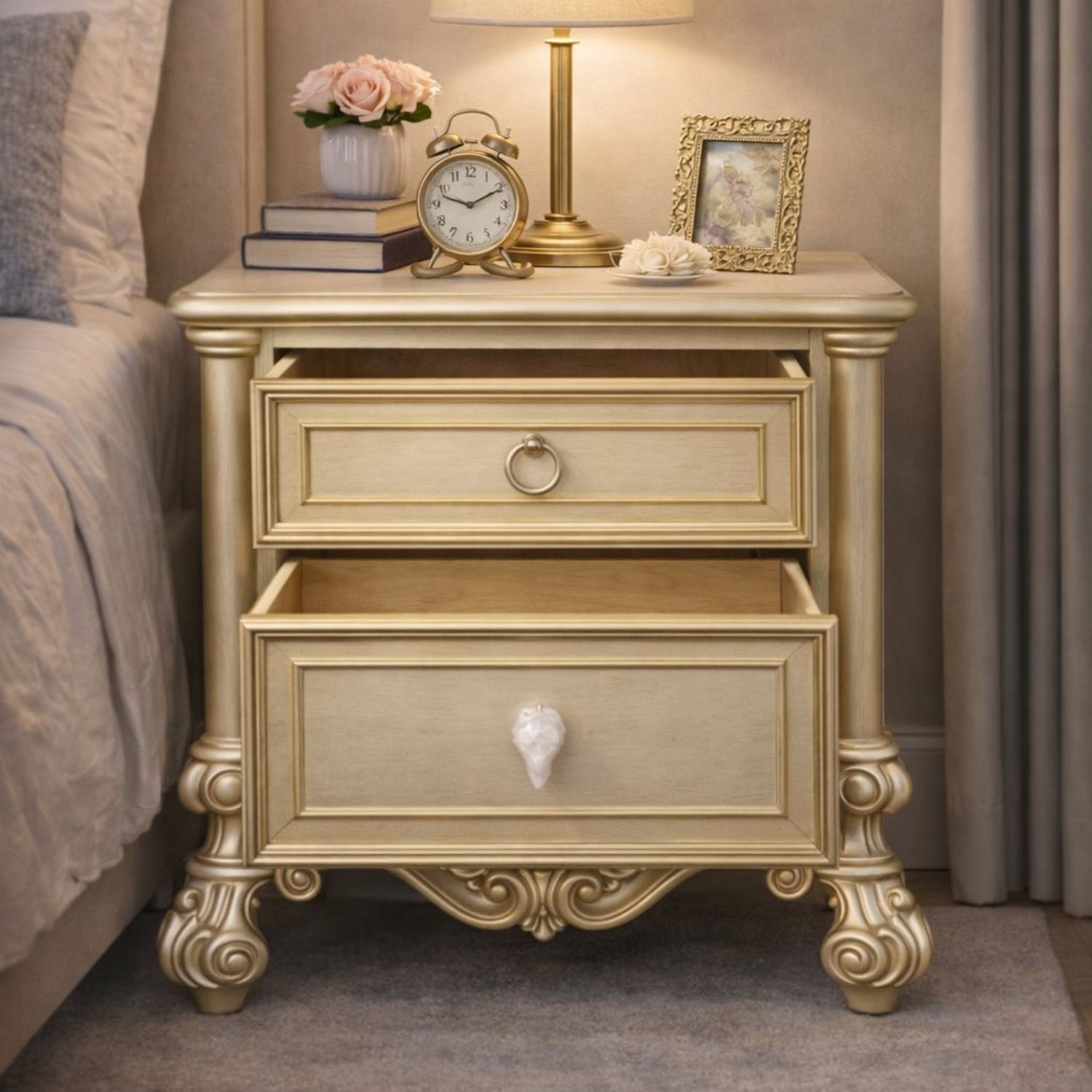 Tủ Đầu Giường Tân Cổ Điển Kích Thước Lớn – Gỗ Cao Su & Veneer Xuất Khẩu (Màu Bạc) - Ảnh 6