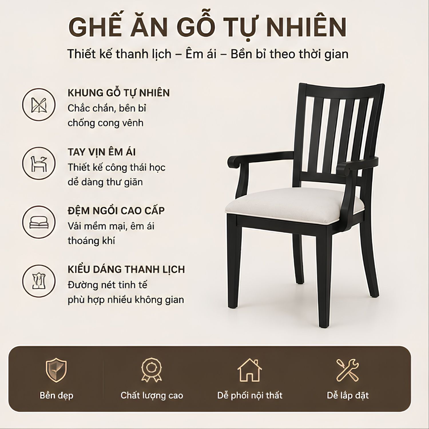 Ghế Ăn Có Tay Cao Cấp – Ghế Phòng Ăn, Ghế Làm Việc Gỗ Cao Su Xuất Khẩu - Ảnh 3