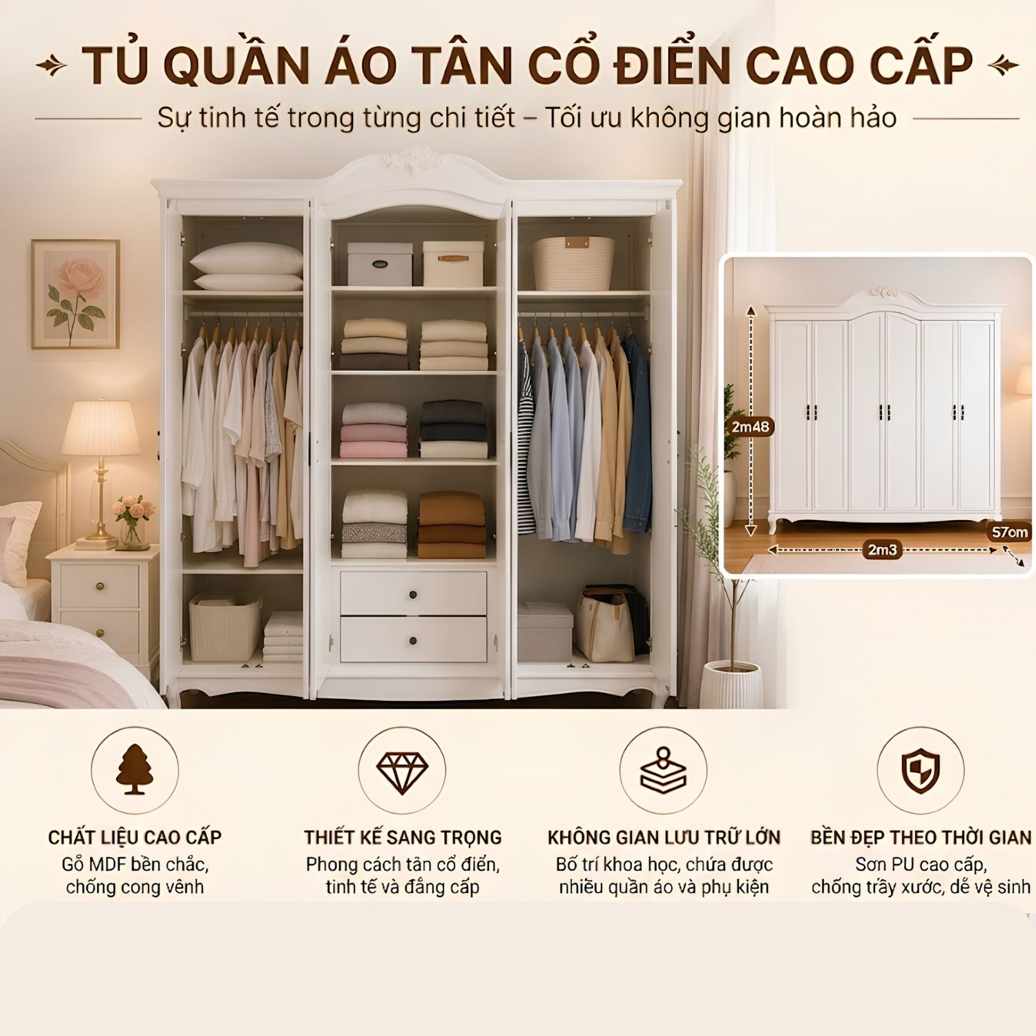 Tủ Quần Áo Đại Cỡ 6 Cánh Cao Cấp (Wardrobe) – Gỗ Cao Su & Veneer Xuất Khẩu - Ảnh 6