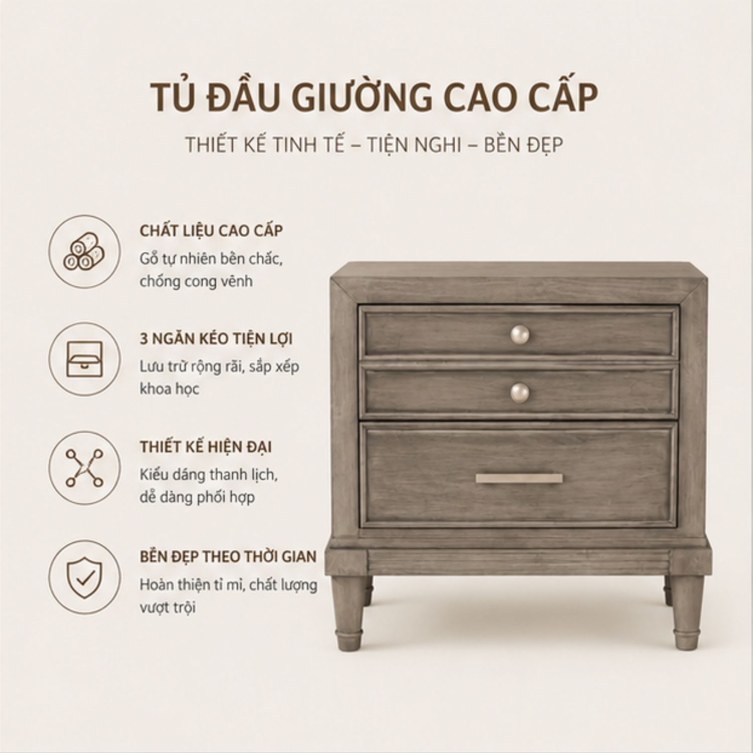 Tủ Đầu Giường Tân Cổ Điển Cao Cấp – Sắc Xám Nhã Nhặn, Nâng Tầm Mọi Không Gian - Ảnh 4