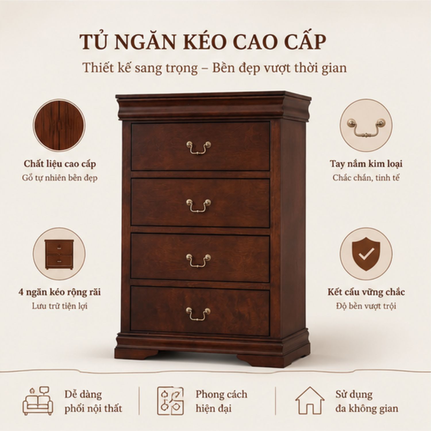Tủ Hộc Kéo Đựng Quần Áo Gấp Gọn Tân Cổ Điển Gỗ Cao Su – Tủ Console Trang Trí Bề Thế, Đa Năng Cho Phòng Ngủ & Phòng Khách - Ảnh 4