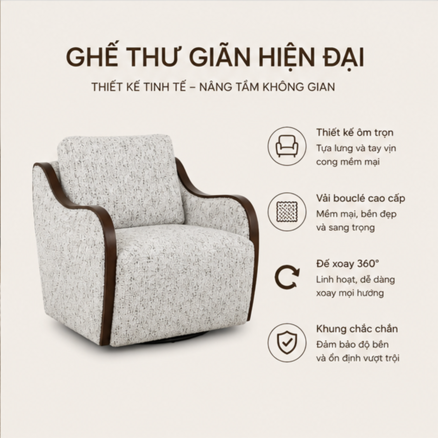 Ghế Bành Xoay 360 Capri Swivel Vải Dệt Trắng Cao Cấp - Ảnh 4