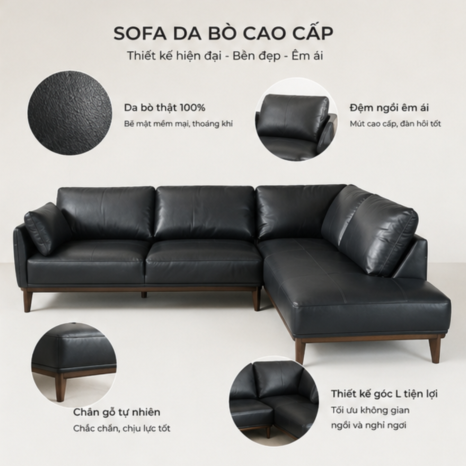 Sofa Góc L Da Bò Thật 100% Hiện Đại Chân Sắt Sơn Tĩnh Điện - Ảnh 4
