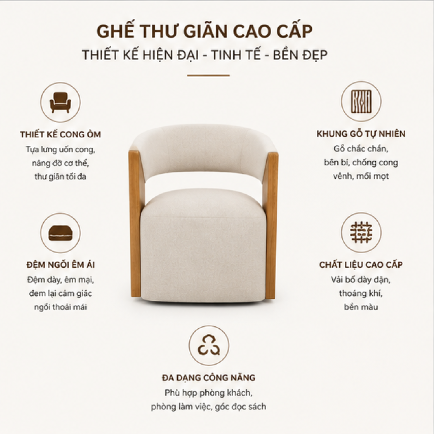 Ghế Ngồi Trang Trí Accent Chair Bọc Vải Khung Gỗ Tích Hợp Bánh Xe Di Chuyển - Ảnh 4