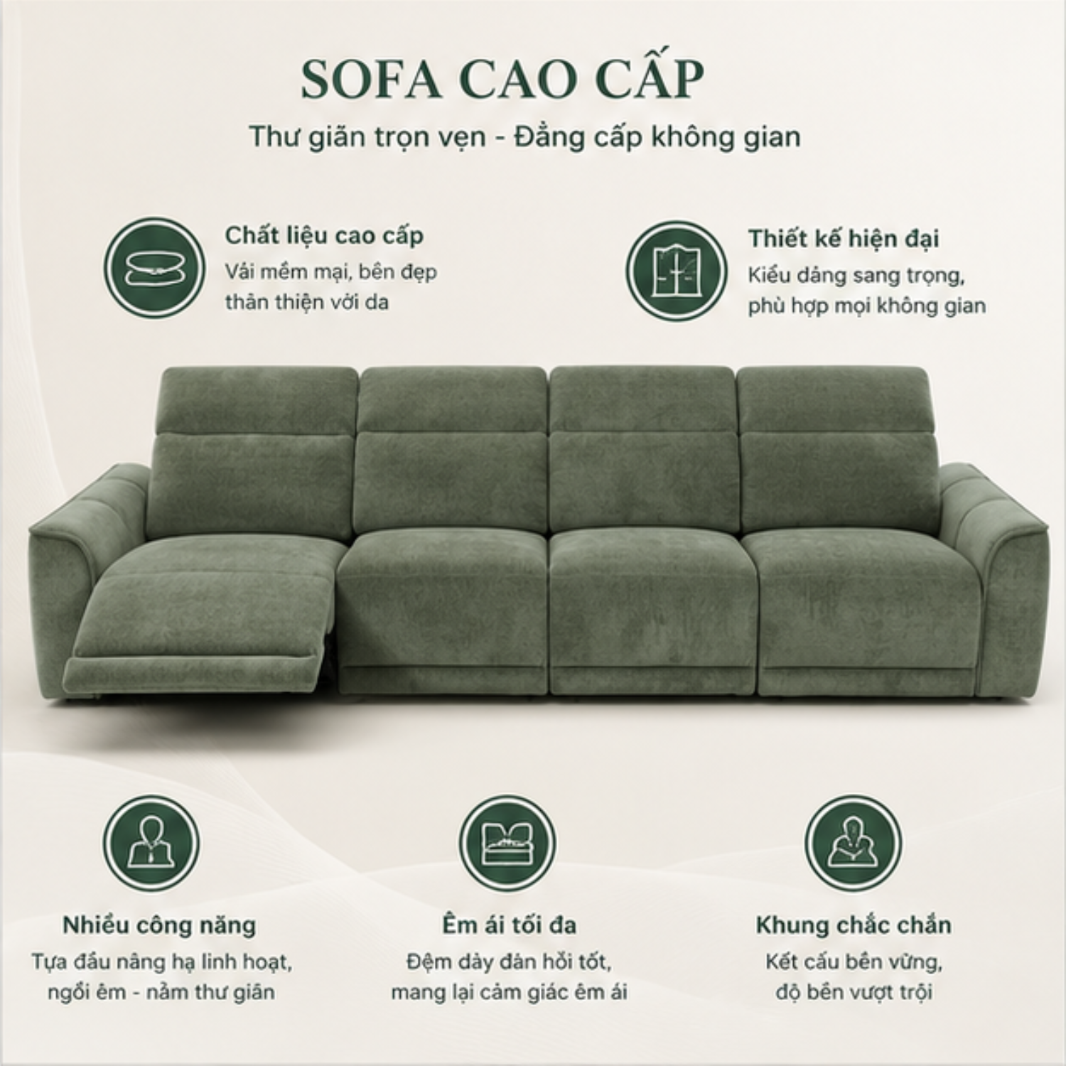 Sofa Băng 4 Chỗ Thông Minh Chỉnh Điện Màu Xanh Rêu Cao Cấp (Dài 3m5) - Ảnh 4