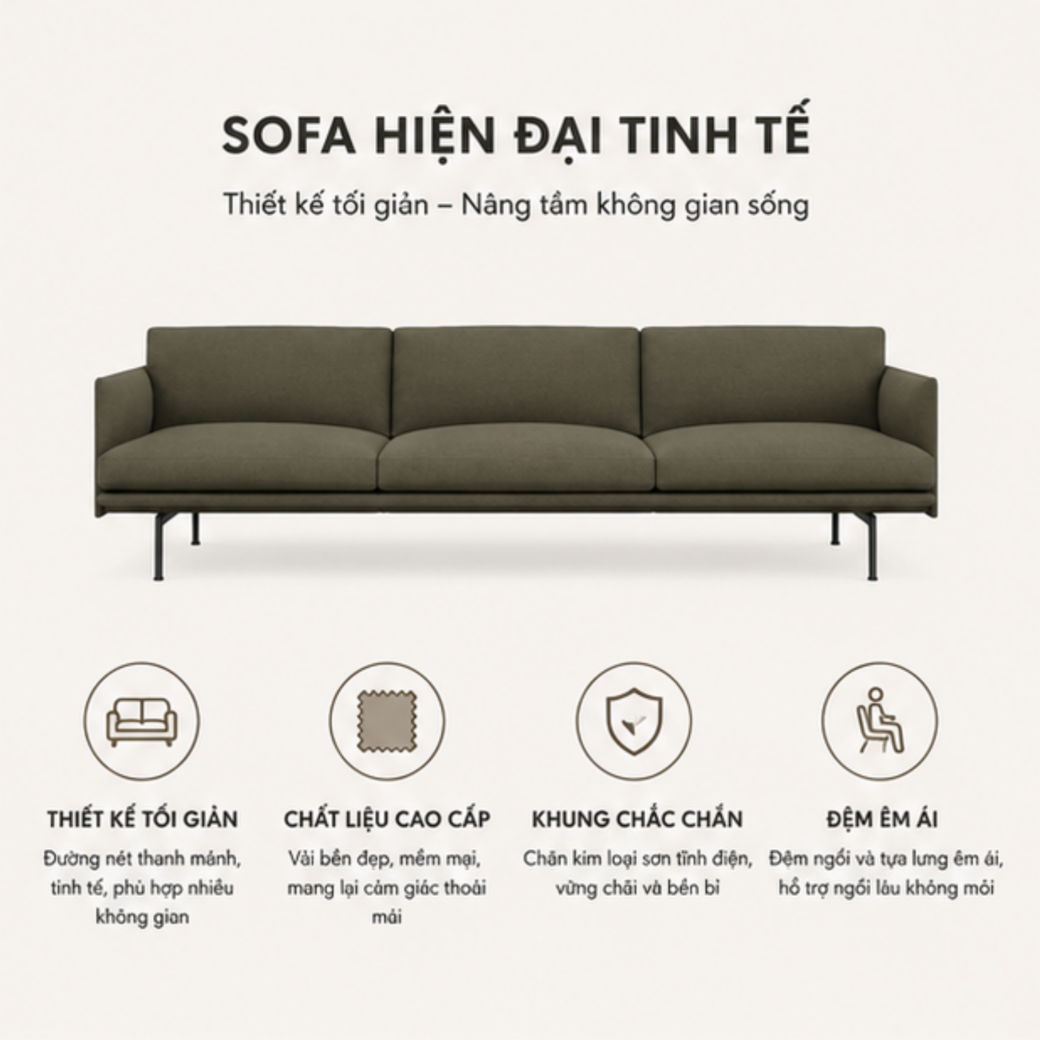 Sofa Băng 3 Chỗ Vải Xanh Rêu Khung Chân Sắt Sơn Tĩnh Điện Xuất Khẩu - Ảnh 5