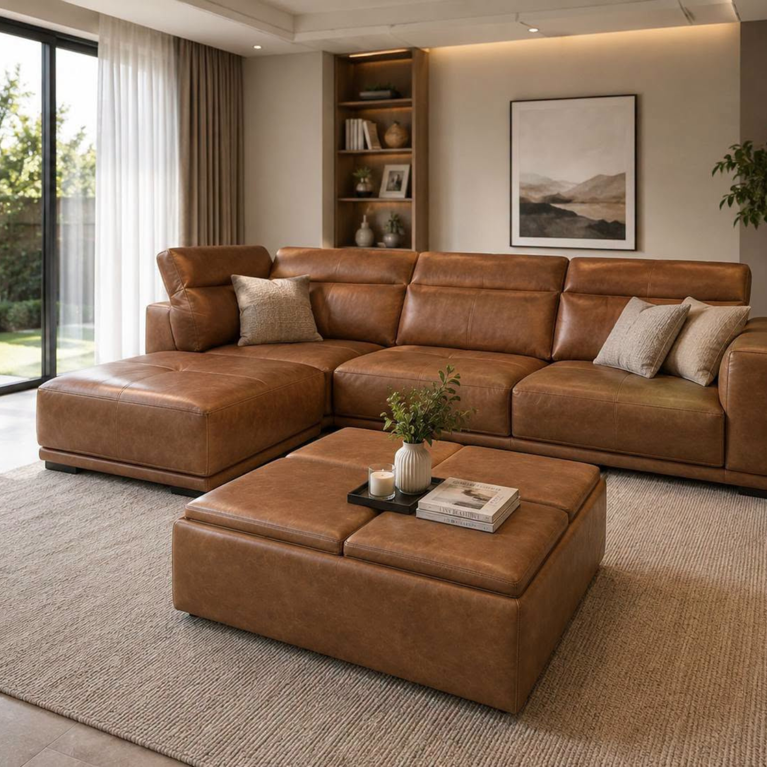 Bàn Trà Đôn Ghế Bọc Da Bò Đa Năng 3 Trong 1 Tích Hợp Hộc Đựng Đồ (92x92x40cm) - Ảnh 5