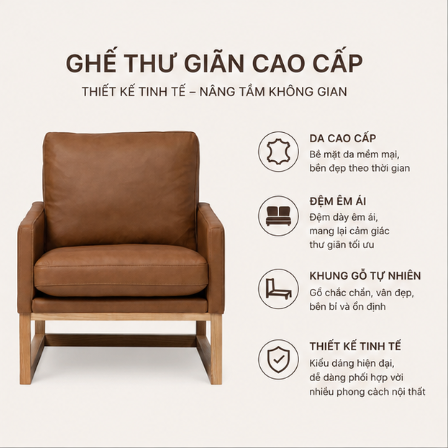 Sofa Đơn Full Da Bò Thật Chân Gỗ Tự Nhiên Xuất Khẩu - Ảnh 6
