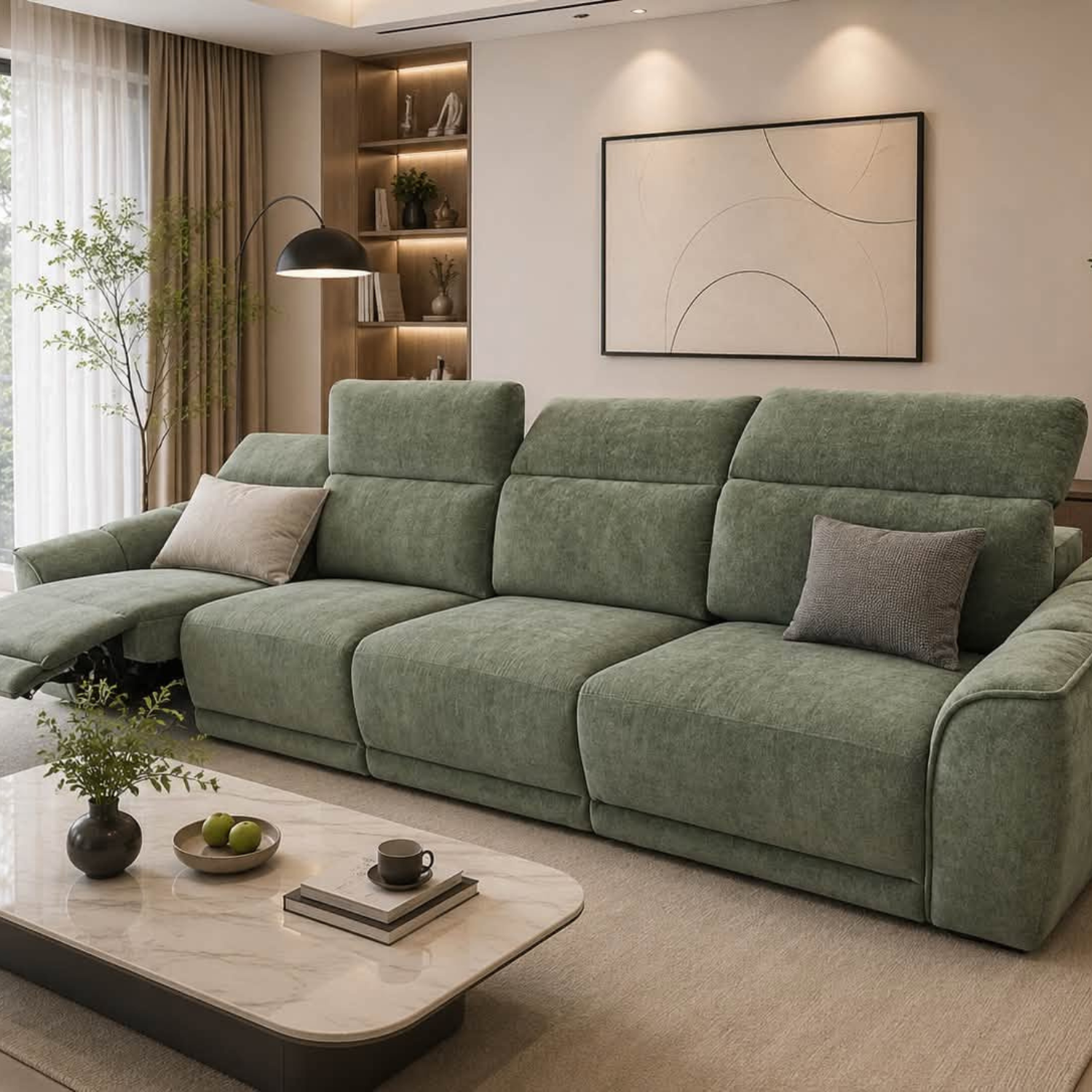 Sofa Băng 4 Chỗ Thông Minh Chỉnh Điện Màu Xanh Rêu Cao Cấp (Dài 3m5) - Ảnh 5